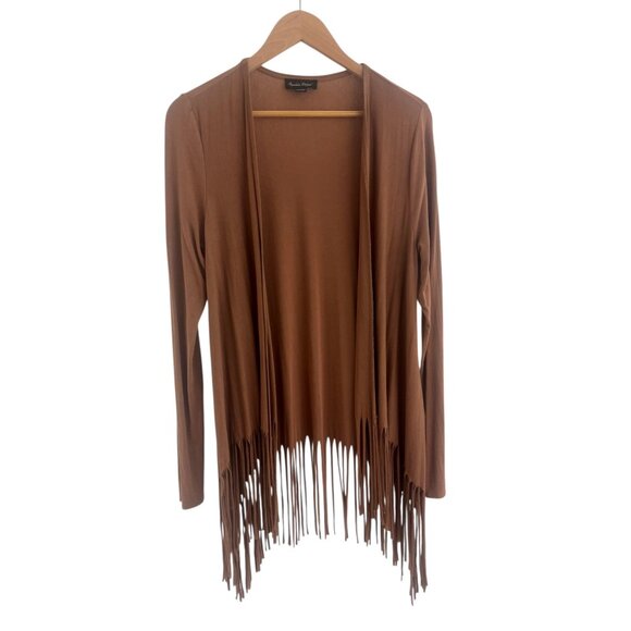 Caramel Brown Open Front Knit Fringe Cardigan Wrap Size S/M Country Western - Picture 8 of 9